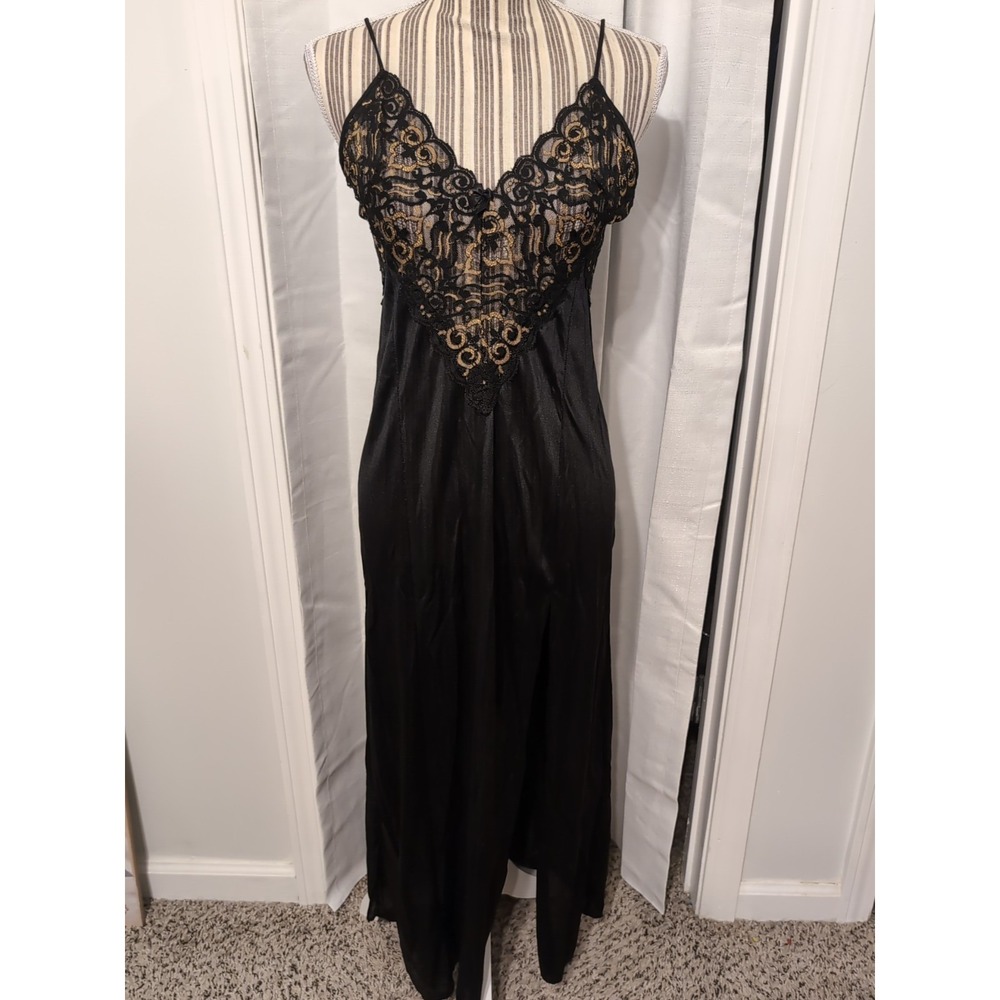 Vtg‎ Soft Moments Black Nightgown Black & Gold Lace Bodice Slit Small Whimsygoth